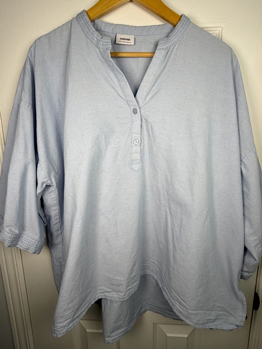 Meme Light Blue Oversized Henley Top Women's M/L Cotton High Low Drop Shoulder